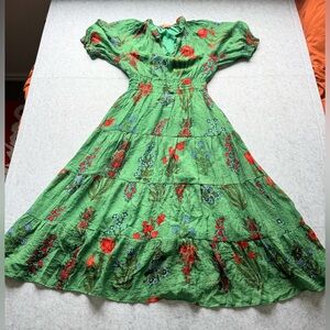 THML Women’s Green Floral Tiered Midi Dress Size Small Puff Sleeve Boho New